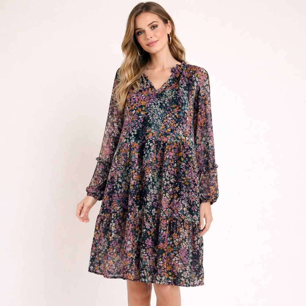 Vince Camuto Womens Floral Tiered Shift Dress Black Pink Long Sleeve L C3422900